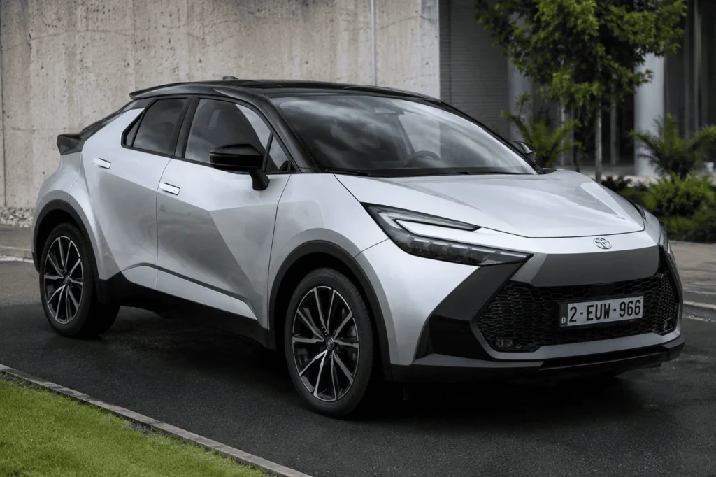 Toyota C-HR hybride 2024 lors d’un essai routier en environnement urbain