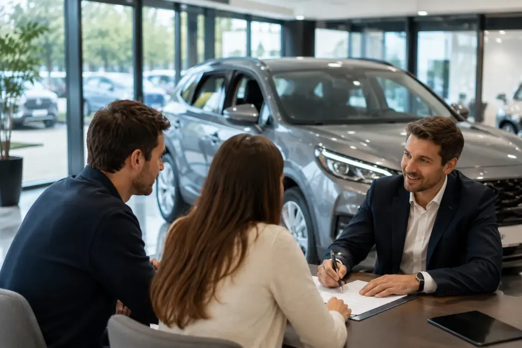 Couple échangeant avec un conseiller automobile dans une concession pour souscrire une offre de location longue durée (LLD) sans apport.