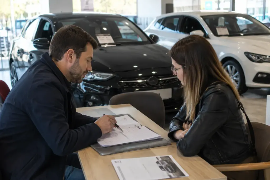 Client étudiant les conditions d'une offre de LLD sans apport avec un conseiller automobile en concession.